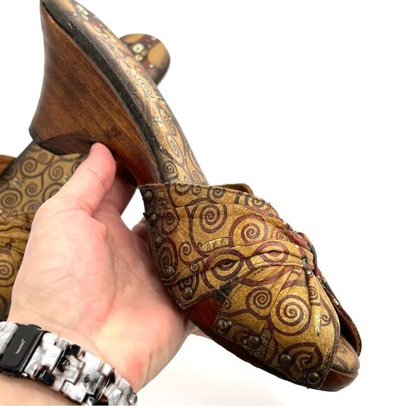 Jcon painted tan brown leather peep toe wooden wedge sole size 9.5 - Picture 4 of 12